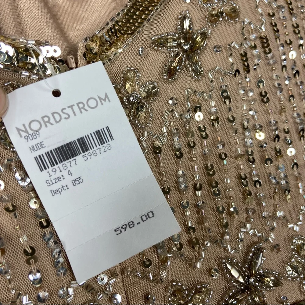 Mac Duggal cap sleeve sequin beaded embellished column gown nude 11175_12
